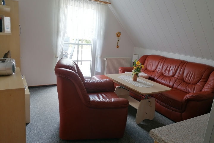 Wohnraum - Couchecke, dahinter Außentür zur Dachterrasse