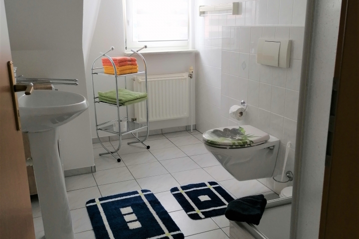 Bad - links Waschbecken und Spiegel, gleich rechts befindet sich die Dusche, dahinter das WC und ein Badregal