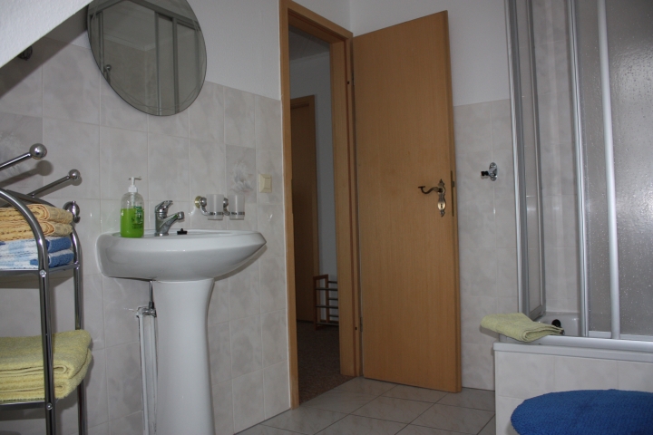 Bad mit Dusche und WC sowie Waschbecken, Spiegel und Badregal