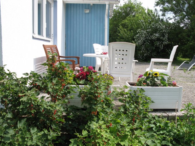 Sonnenterasse mit Sitzmöbeln und Gartenliegen