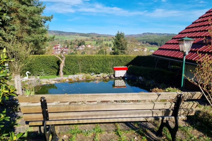 Sitzgelegenheit direkt am Gartenteich, hier kannst du relaxen und die Sinne 