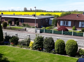 Blick von der Loggia auf das gelbe Rapsfeld