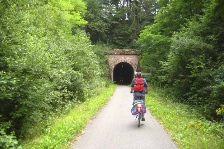 Vor dem Fledermaustunnel der ehemaligen Eisenbahnstrecke Wittlich - Daun. 