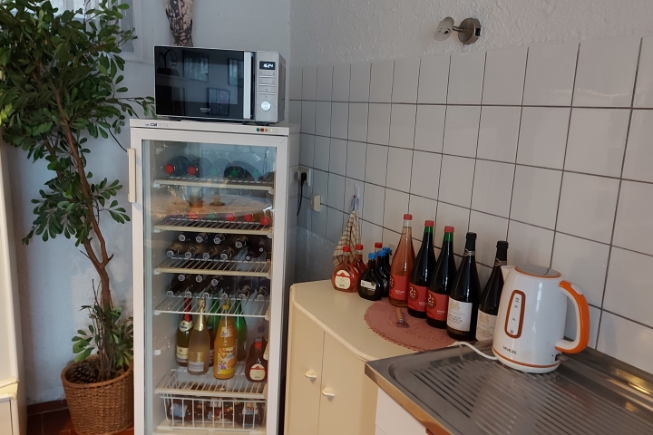 Gästekühlschrank mit Getränken (kostenpflichtig) Mikrowelle und Wasserkocher!