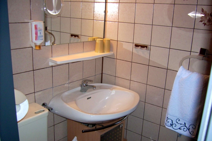 Dusche/WC mit Duschgel, Waschbecken mit Seife, Unterschrank, Kosmetiktücher und Hotelfön
