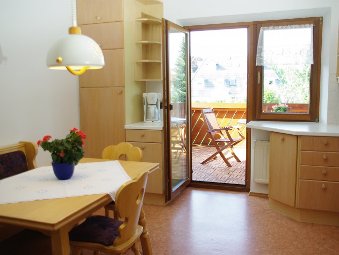 Küche mit Blick auf Balkon, großer Kühlschrank links