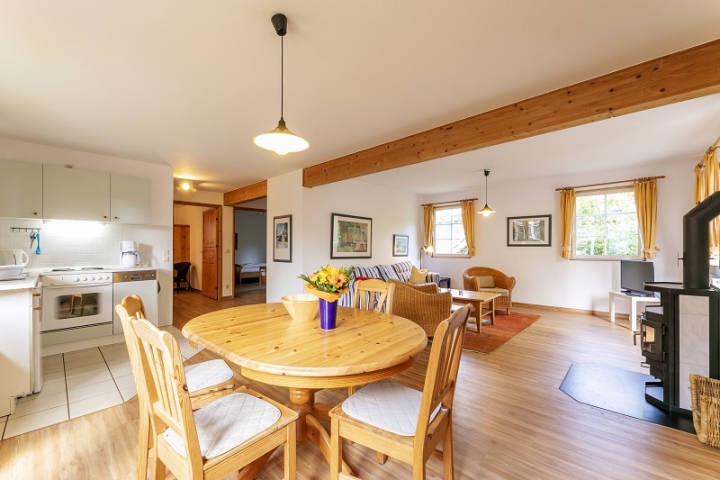 Blick ins Wohnzimmer mit Kamin und Essecke
