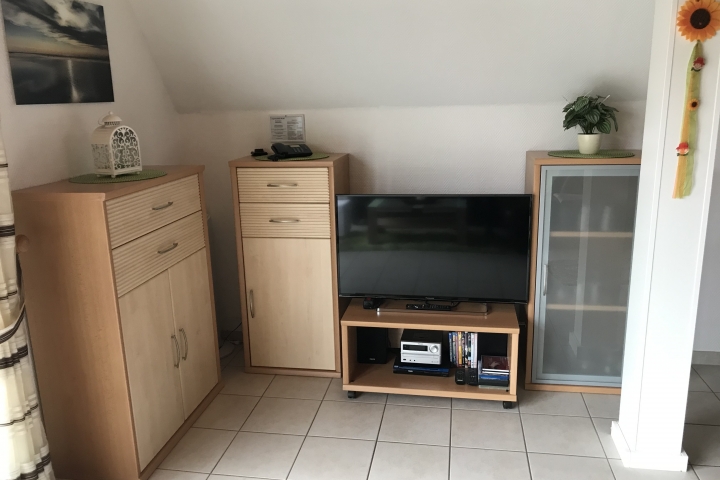 Wohnraum mit Fernseher, Stereoanlage, Blu-Ray-Player