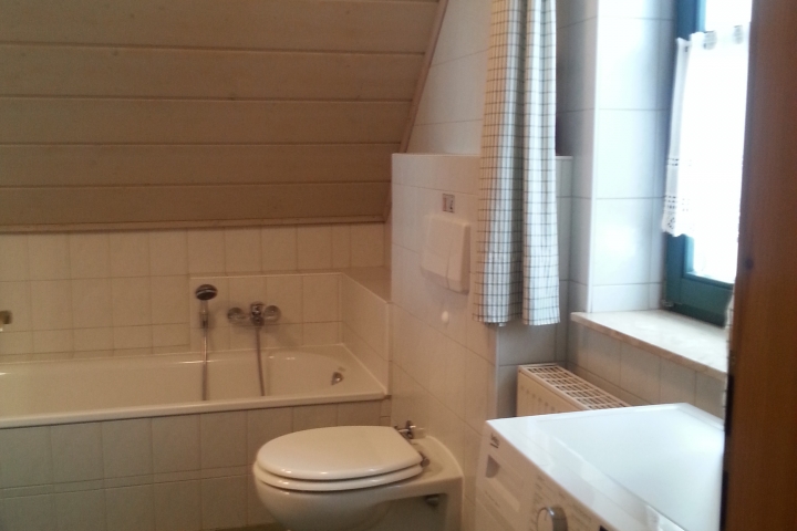 Badseite mit Badewanne,WC,Waschmaschine u. Fenster ©