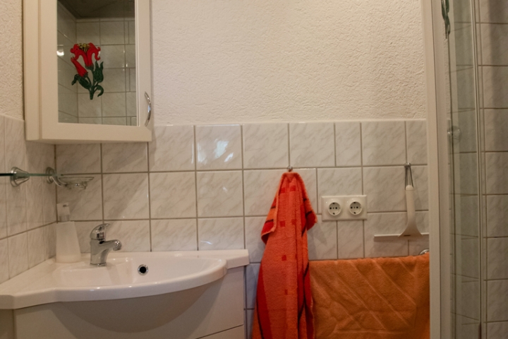Kleines Bad mit Dusche und WC.