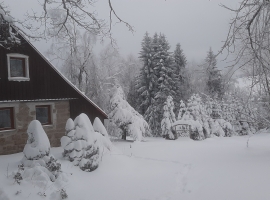 Ferienhausansicht mit Garten im Winter