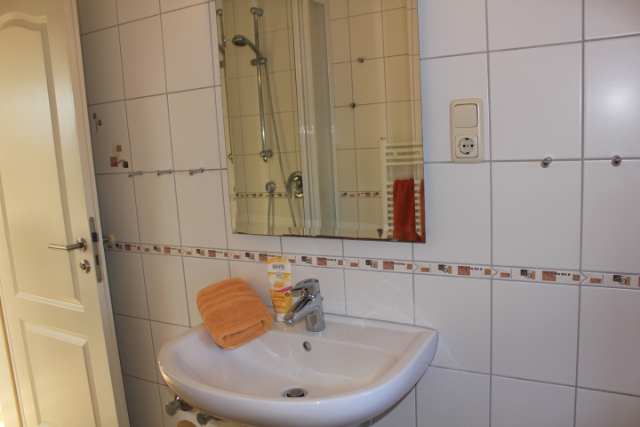 im Spiegel über dem Waschbecken ist die Dusche zu sehen
