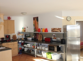 moderne Küche mit Geschirrspüler, Mikrowelle, Kühlschrank mit großem Gerfrierfach,...
