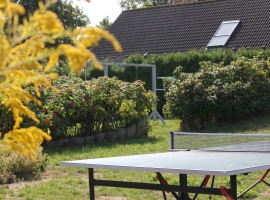 Blick vom Urlaubsgarten mit Obstwiese auf die Villa Klatschmohn