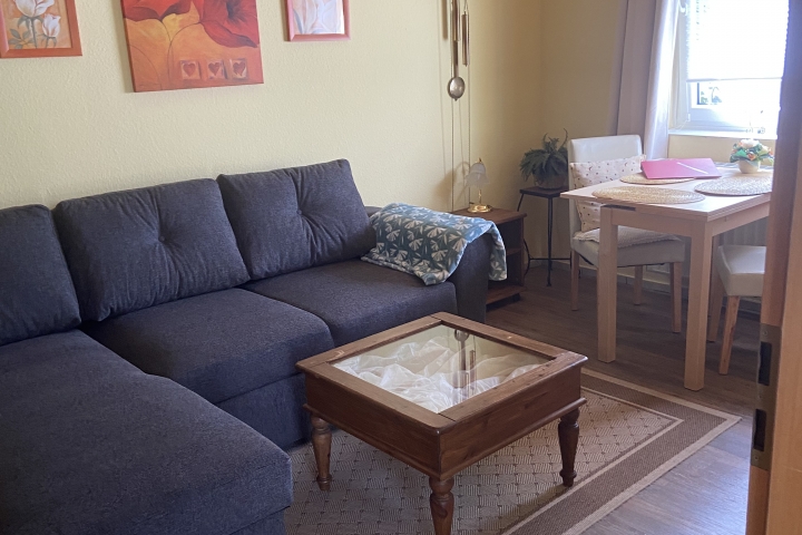 Wohnraum mit Kabel-TV, Radio mit CD und 2er Schlafsofa und kleiner Essecke mit ausziehbarem Tisch.