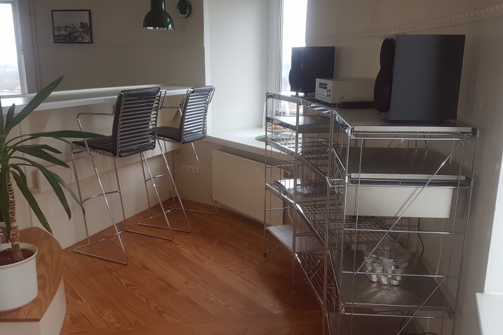 Wohnzimmer mit Tresen und Audio-Anlage
