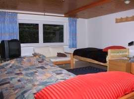 Wohn- und Schlafzimmer 2 (36qm) mit 3 Einzelbetten, Sofa und Fernseher. Bei Bedarf kann ein 4. Bett aufgestellt werden. 