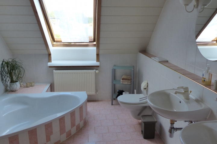großes Bad mit Dusche, Wanne, WC und 2 Waschbecken