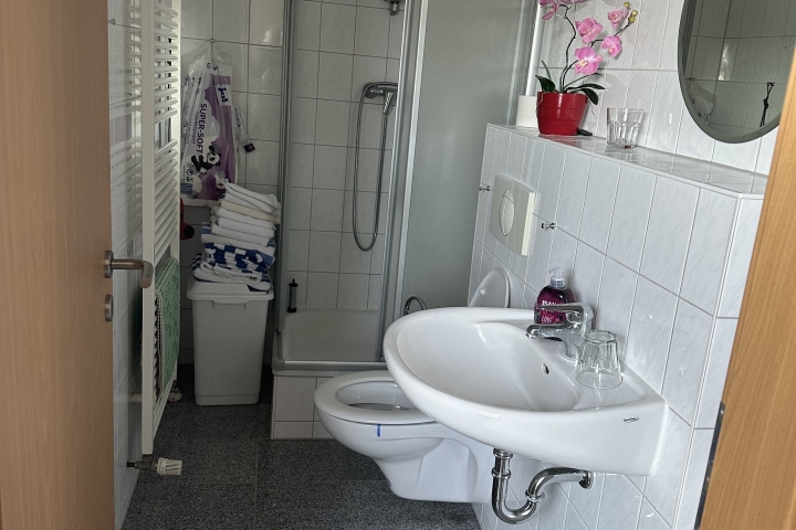 Waschbecken, Dusche, WC und Badheizkörper sorgen für angenehme Bedingungen. Das Warmwasser im Sommer ist 100 %-ig von der Sonne erwärmt.