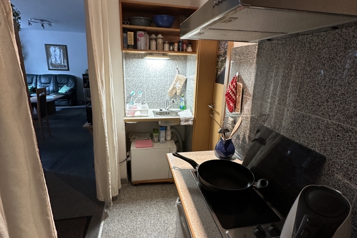Die Küchenteile mit Spüle, Spülmaschine, 2-fl. Ceranfeldern, Abzugshaube, Kaffemaschine, Toaster und Kühlschrank.