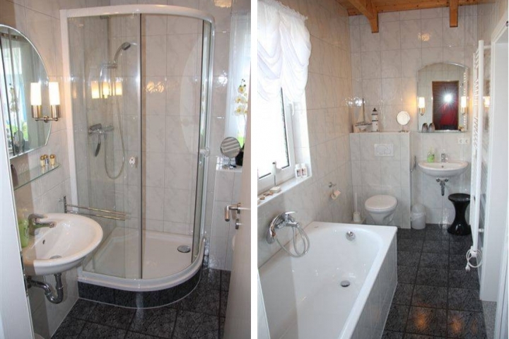 links: Bad unten mit Dusche, WC, Waschmaschine, Kondenstrockner
rechts: Bad oben mit Wanne und Sauna
