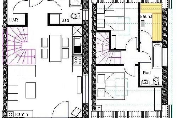 Schnitt der Wohnung: links EG, rechts OG