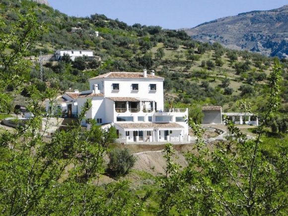 Der Cortijo steht auf einem Hügel inmitten von Oliven- und Mandelbäumen.