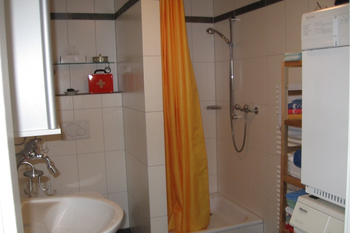 Bad mit Dusche, Waschmaschine und Trockner
Bathroom with shower, washer and dryer