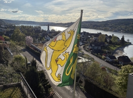 Sicht auf den Kirchturm und den Turmhof in Steckborn. 