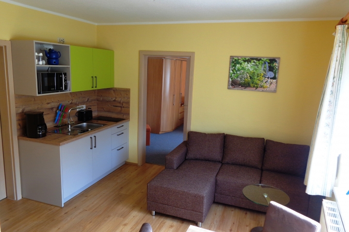 Ferienwohnungen Löser in Neudorf | Die Wohnküche wurde 2018 komplett  renoviert und neu möbliert. In der kleinen Küchenzeile finden Sie Kühlschrank, Cerankochfeld und Mikrowelle.