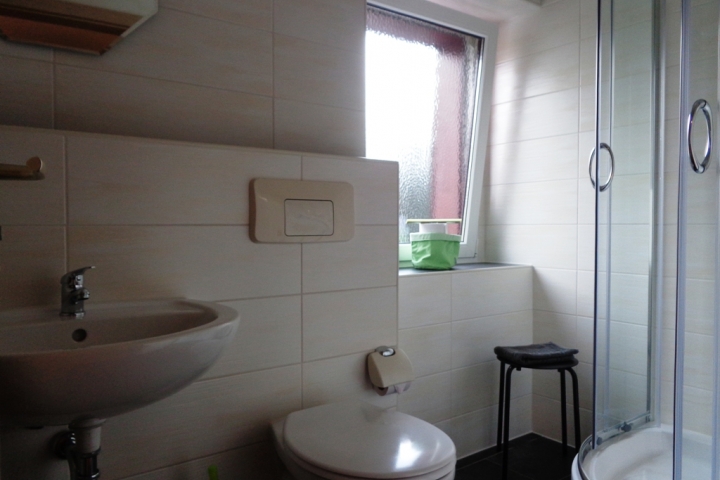 Modernes Badezimmer mit WC und Wellnessdusche.