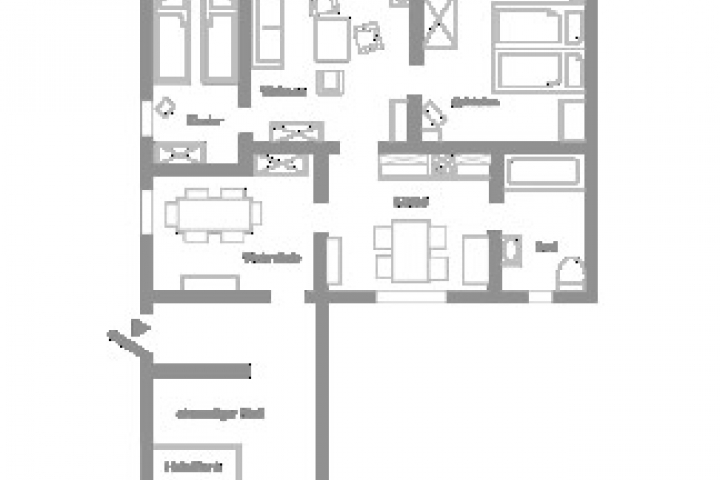 Ferienhaus Grundriss mit Wohndiele, Küche, Bad, Schlaf-, Wohn- und Kinderzimmer
