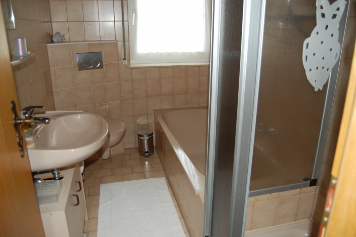 Bad mit Badewanne, Dusche und WC.
Ein Fön ist vorhanden.