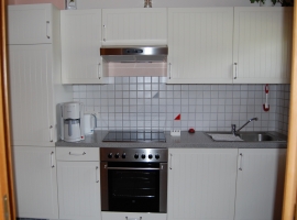 Küche: Kühlschrank mit Gefrierfach, Backofen mit Cerankochfeld, Utensilien zum Kochen.