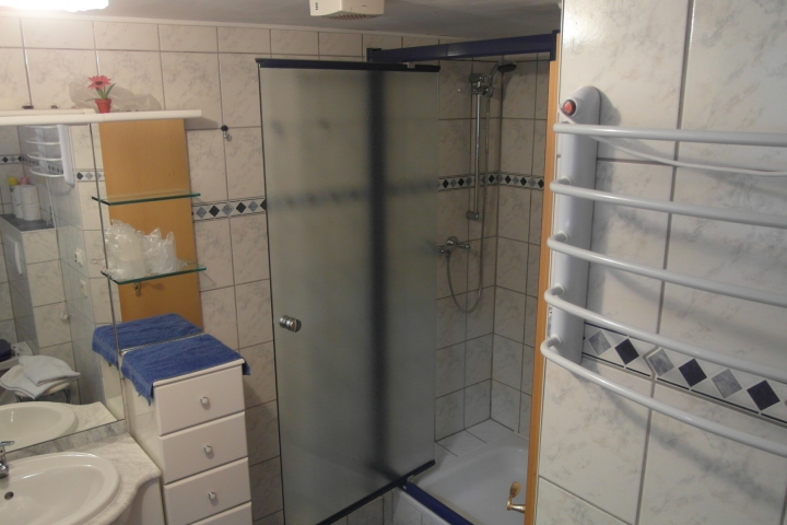 Bad: Waschtisch, geräumige Dusche und elektrischer Handtuchtrockner