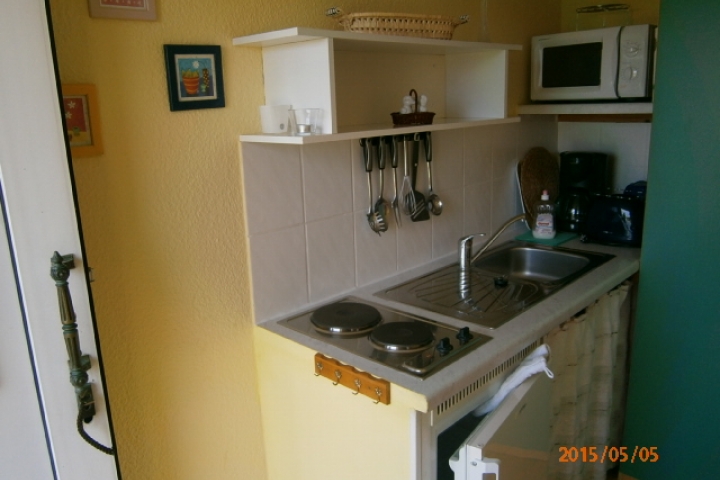 Küchenzeile mit 2Plattenherd,Mikrowelle,Toaster,Kühlschrank und Kaffeemaschine