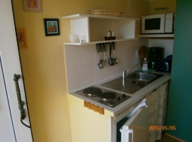 Küchenzeile mit 2Plattenherd,Mikrowelle,Toaster,Kühlschrank und Kaffeemaschine