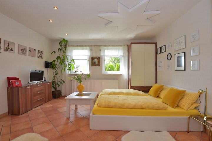 Schlafzimmer mit Doppelbett und TV