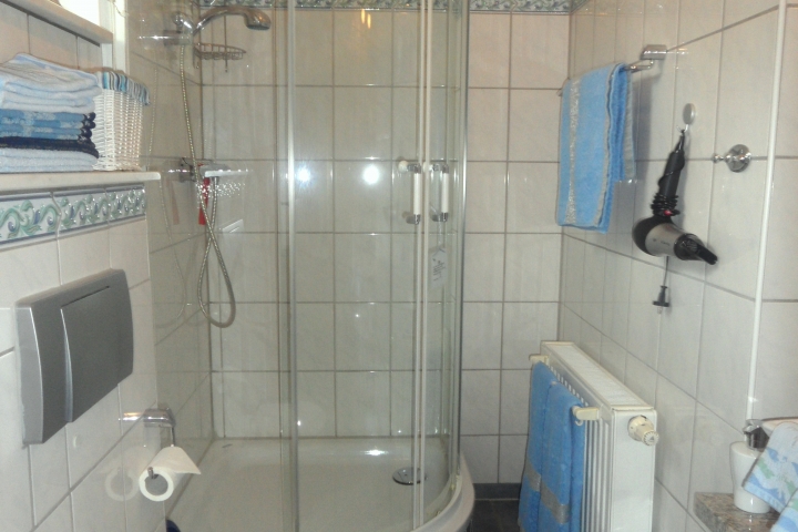 Eifel Ferienwohnung II, neue helle freundliche Dusche / WC mit Fenster. Handtücher liegen bereit.