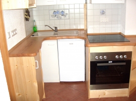 Küchenbereich mit Spülbecken, Kühlschrank, Ceranherd mit Backofen
