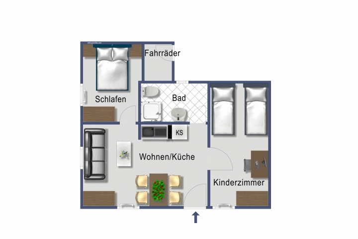 Grundriss Ihres Bungalows mit 2 Schlafzimmern 