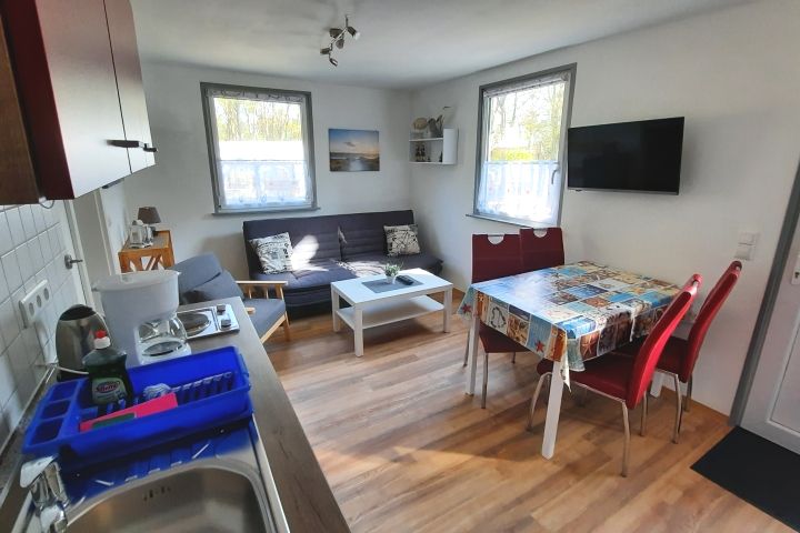 Ihr Wohnstudio mit Kochgelegenheit, Sofaecke, Esstisch/ Stühlen und Wand-TV