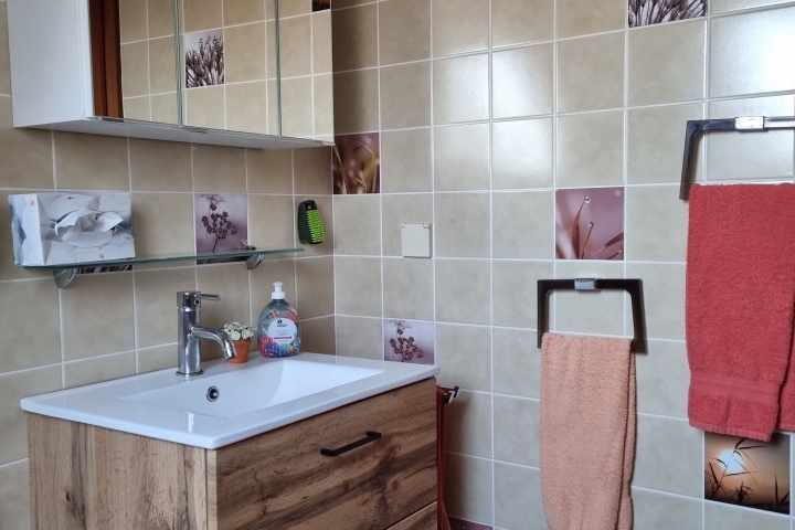 Badezimmer mit großem Spiegelschrank