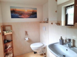 Badezimmer mit WC, Dusche getrennt, Fön
