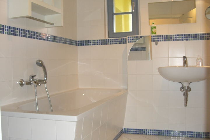 Das Bad hat zwei Fenster und eine Dusche gibt es auch.