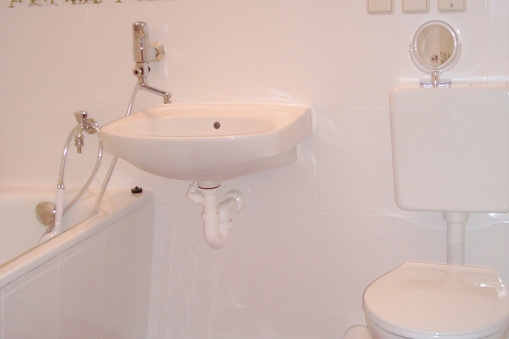 Bad/WC mit Duscharmatur und Echtglas-Duschabtrennung auf der Badewanne ©
