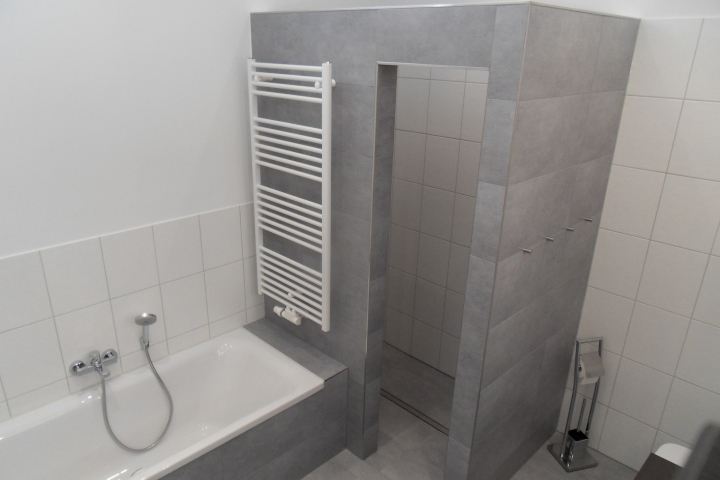 Badewanne und moderne Walk-Inn Dusche