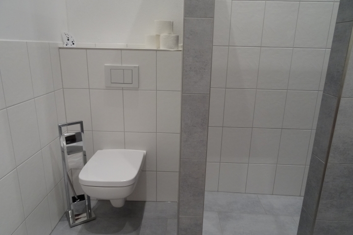 Badezimmer mit Blick auf bodengleiche Dusche und WC