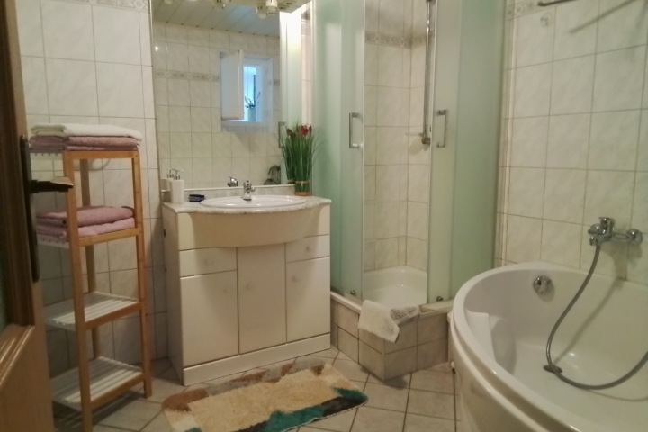 Bad mit Dusche, Wanne, Waschbecken, beleuchteter Spiegel und Regal in Fewo 2