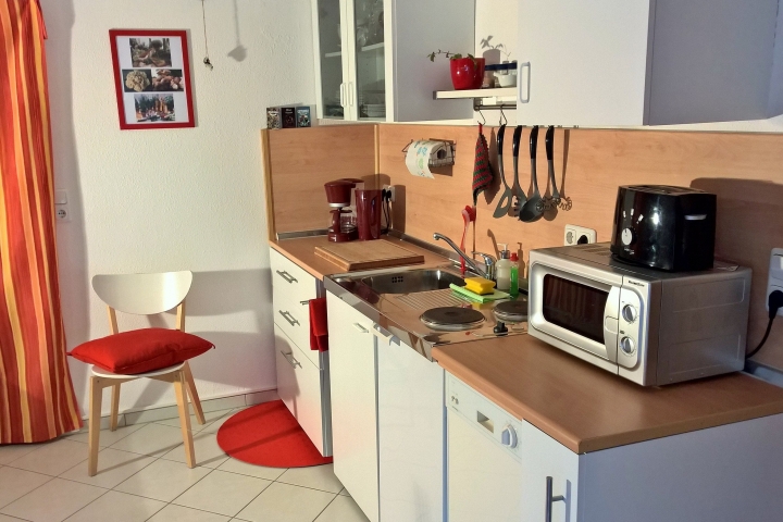 Küche mit Geschirrspüler, Mikrowelle (Grillfunktion) Herd, Kühlschrank